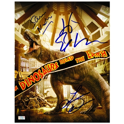 Laura Dern, Jeff Goldblum, Sam Neill Autographed 1993 Jurassic Park When Dinosaurs Ruled the Earth 11x14 Photo