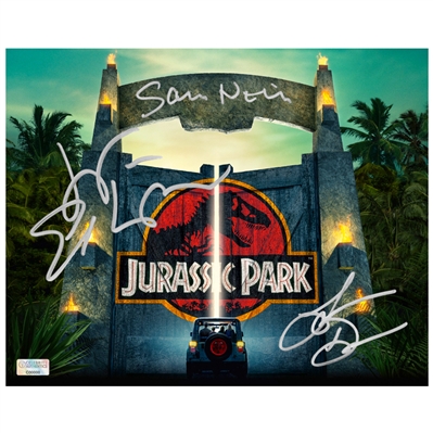 Laura Dern, Jeff Goldblum, Sam Neill Autographed 1993 Jurassic Park Welcome Gates 8x10 Photo