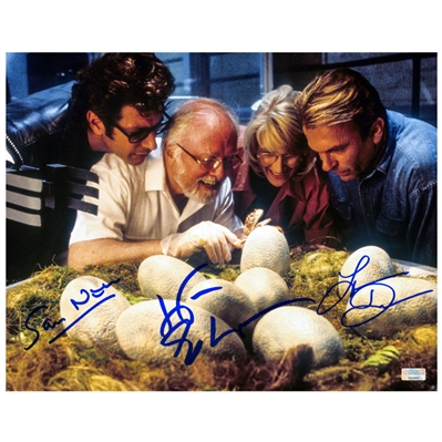 Laura Dern, Jeff Goldblum, Sam Neill Autographed 1993 Jurassic Park Hatchery 11x14 Photo